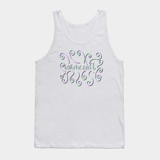 Spooky Witchcraft Lettering and Swirls in Green and Purple, on a White Backdrop, made by EndlessEmporium Tank Top